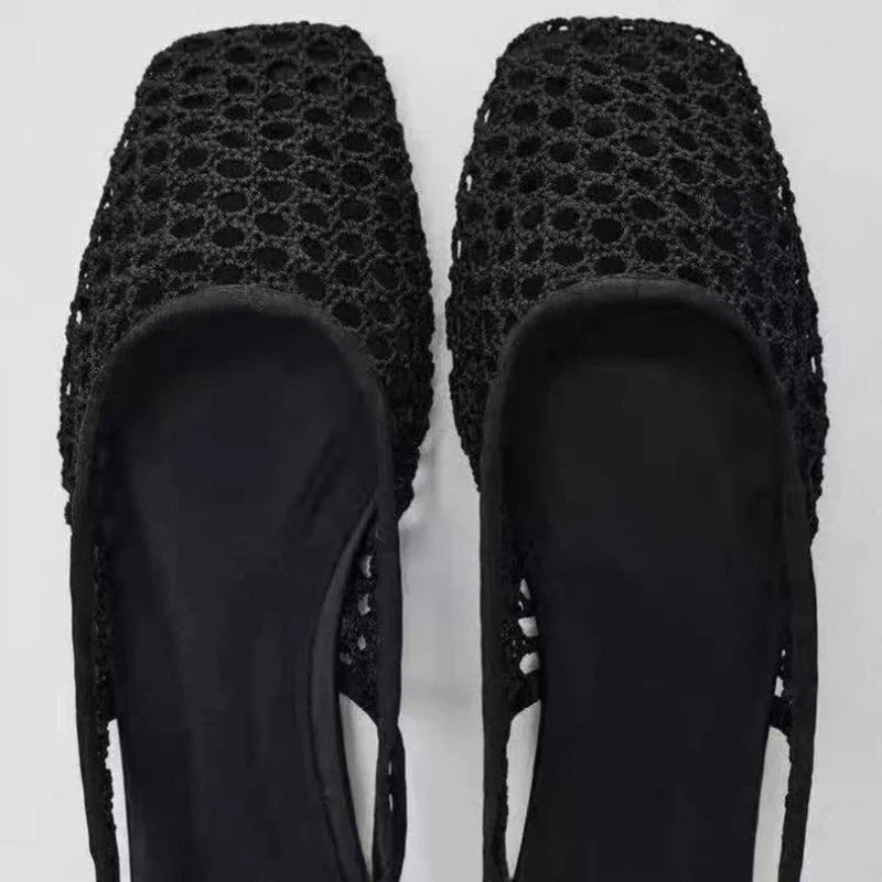 Weave Mesh Breathable Mules Sandals for Women Summer New Slingback Beach Shoes Casual Square Toe Fashion Ballet Flats Ladies