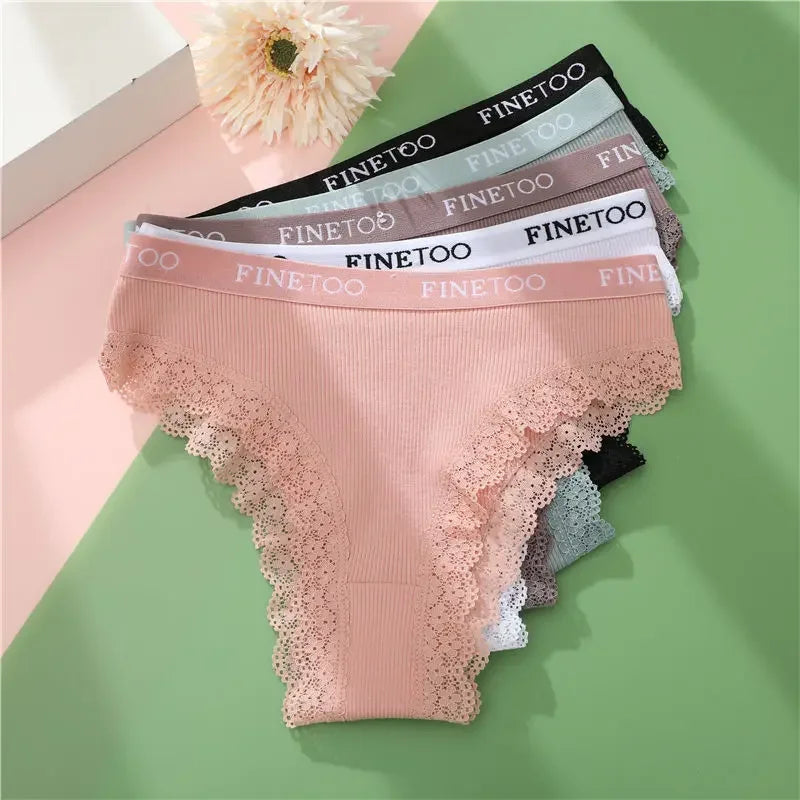 FINETOO 2Pcs/Set Women Cotton Brazilian Panties Plus Size M-2XL Lingerie Sexy Lace Underwear Low Rise Girls Intimates Underpants