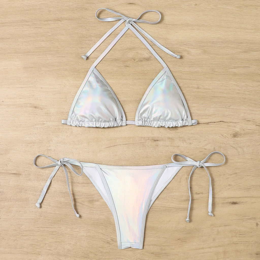 Shiny Swimwear Women Halter Bathers Bling Sequin Bikini Set Cut Out Push Up Padded Bathing Suit Thong Swimwear Glitter Biquini