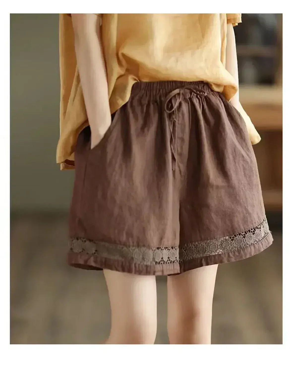 Cotton Linen Vintage High-Waist Elastic New Style Tie-Belt Embroidered Hollow Casual Straight Shorts