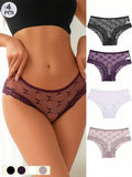 4PCS Lace Bikini Briefs Panties Women's Transparent Lingerie Sexy Female Underpants Floral Lace Perspective Waist Band Briefs