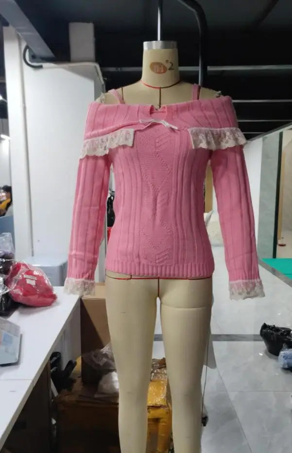 Women Long Sleeve Contrast Lace Knit Pullovers Autumn Winter Cold Shoulder Sweaters Bow Front Jumper Tops Beige/Pink