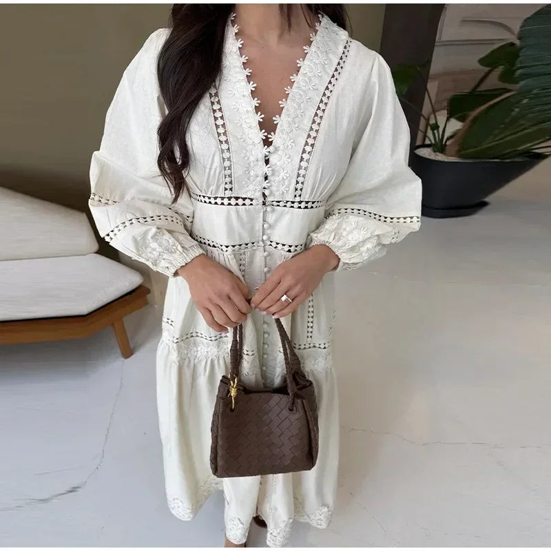 Elegant Lace Patchwork Hollow Out Dress Women Solid V-neck Long Lantern Sleeve Loose Dresses 2025 Spring Vacation Lady Robes