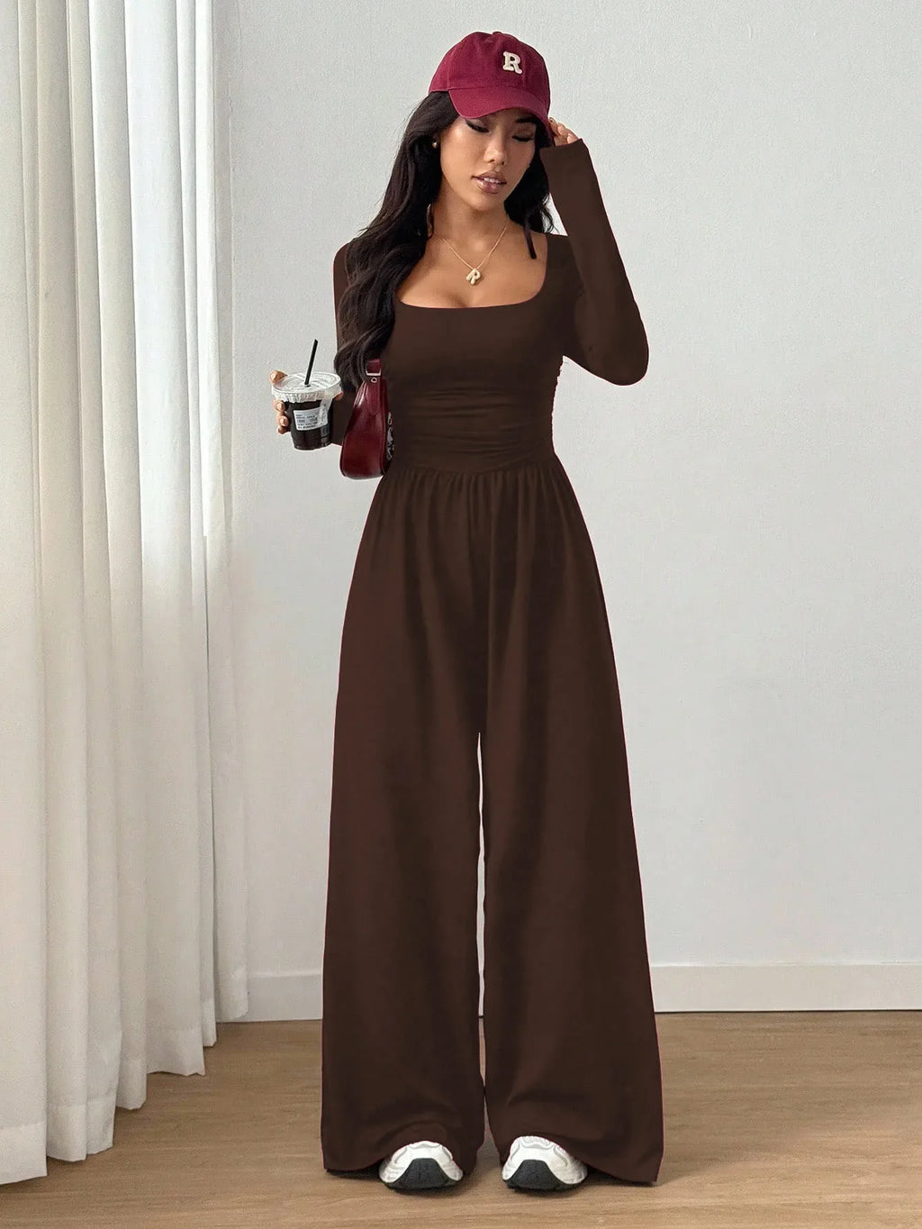 Women's Casual Solid Color Square Neck Long Sleeve A-Line Jumpsuit Pleating Wide Leg Loose Mopping Jumpsuit Spring/Fall 2026