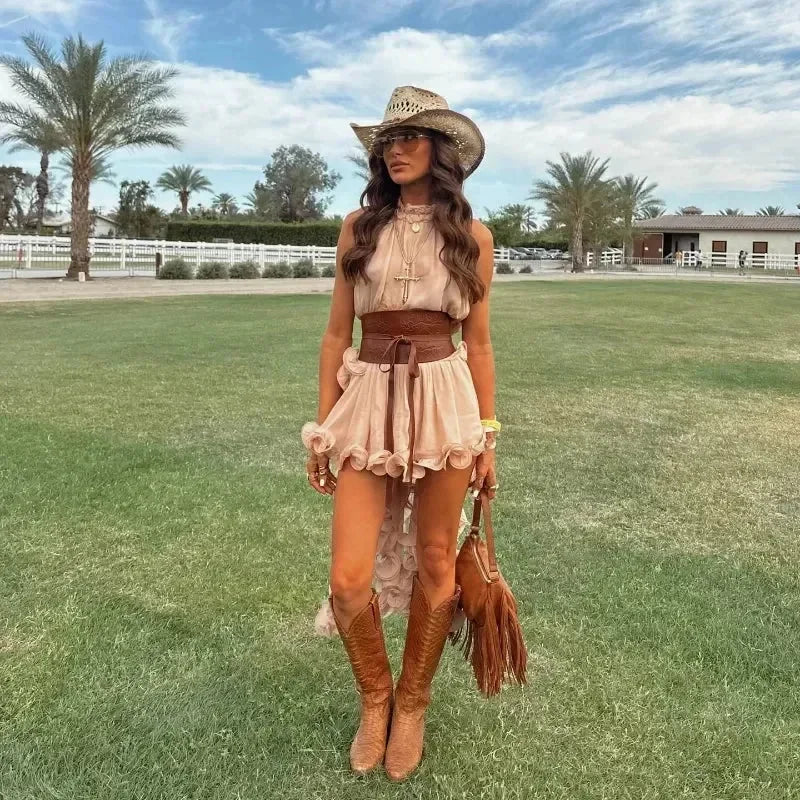 Elegant Ruffle Mini Skirt Set Women Sleeveless Halter Irregular Ruffles Top Mini Loose Short Skirts Sets 2025 Summer Lady Suit