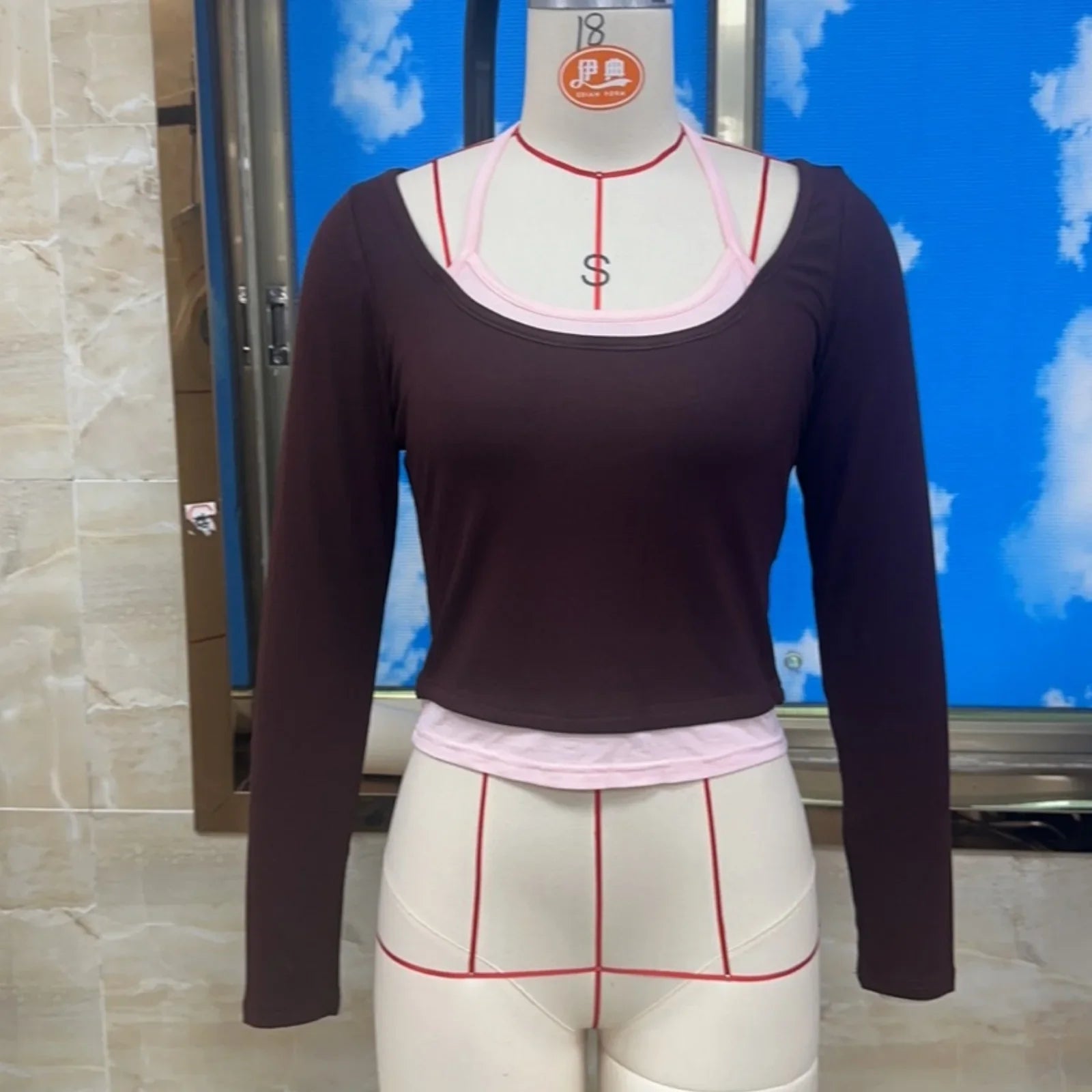 Women Spring Fall Basic Tops Long Sleeve Square Neckline T-shirts with Cream Trim Stylish Streetwear
