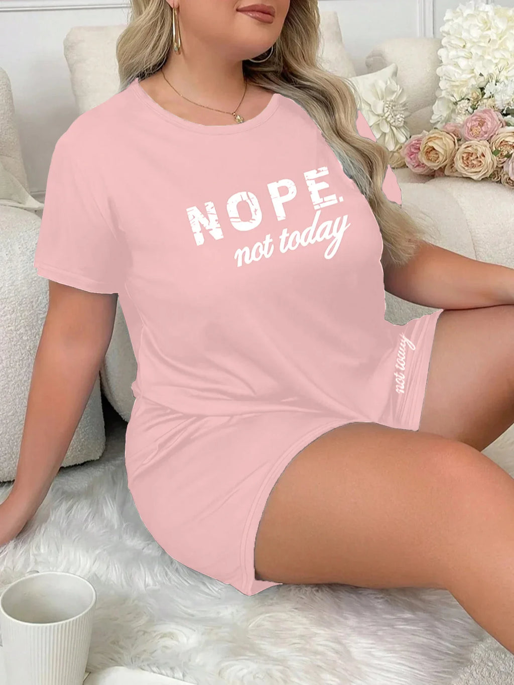 Letters Print Pajama Set Short Sleeve Tee And Elastic Shorts Plus Size Fit Women's Casual Attire Sports Wear Loungewear Homewear