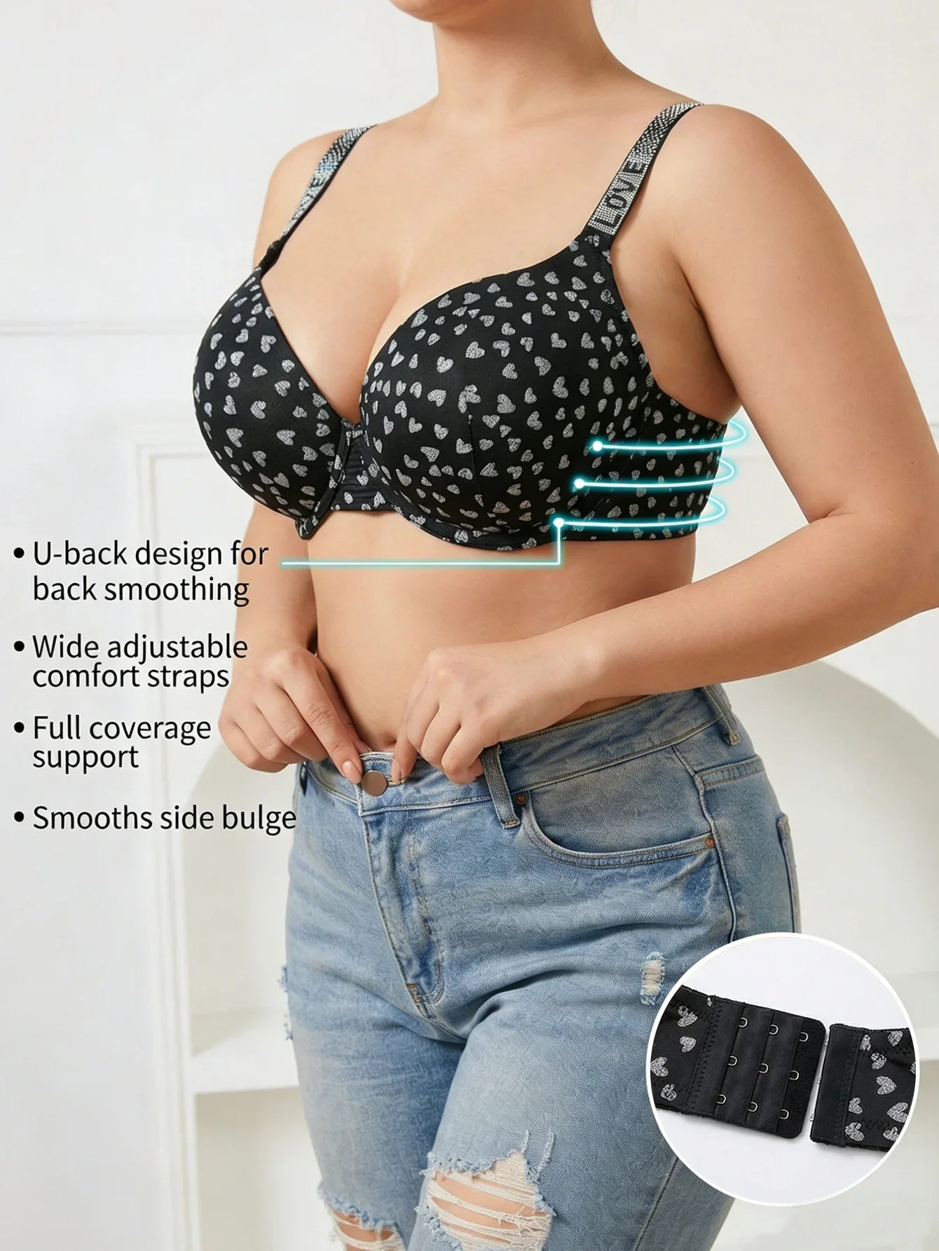 Women's Plus Size Push Up Bra Rhinestone Wide Shoulder Strap Underwear Comfortable Side-Breast-Enhancing Underwire Bra