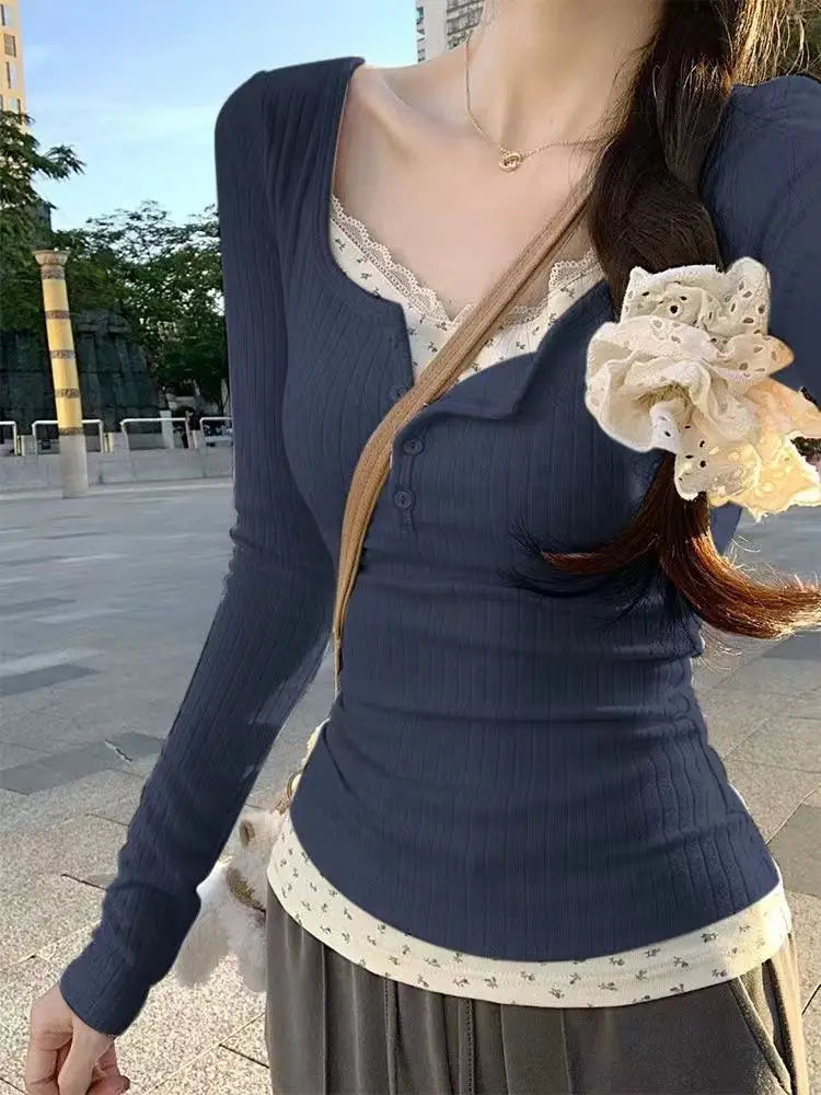 Women Streetwear Fake Two Pieces Long Sleeve T-shirt Floral Lace Trim Casual Slim Fit Tees Female Autumn Winter Bottoming Top