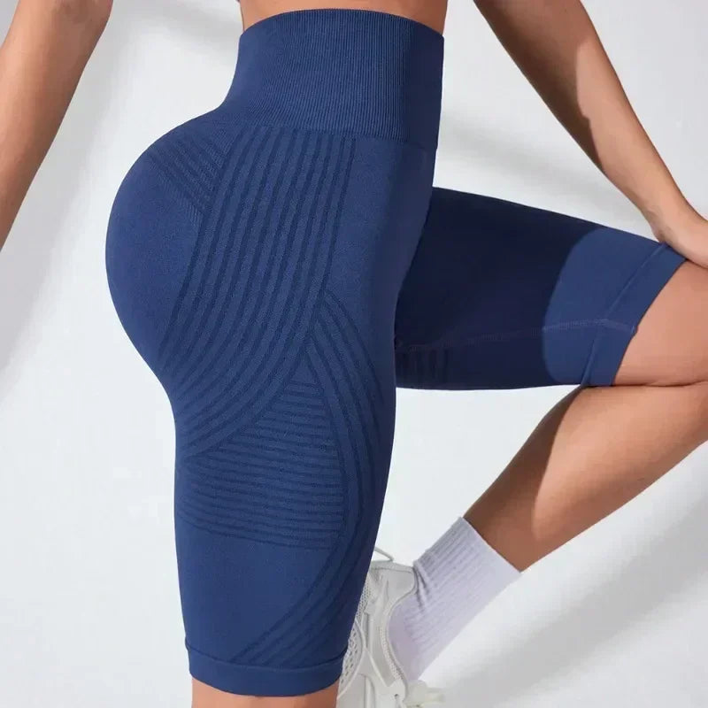 Women‘s Seamless Yoga Shorts High Waisted Striped Slim Shorts Sexy Butt Lifting Gym Trainning High Elastic Five Point Pants