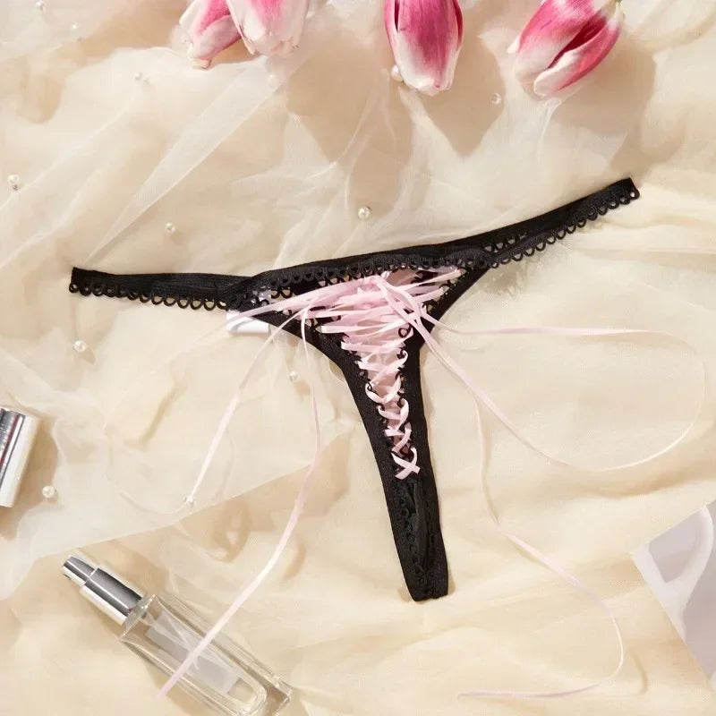 Ladies Super Sexy Lace Up Thongs Lingerie Black Strap Crochet Trim Pink Bandage Lace Up Panties Sexy Exposed Erotic G-Strings