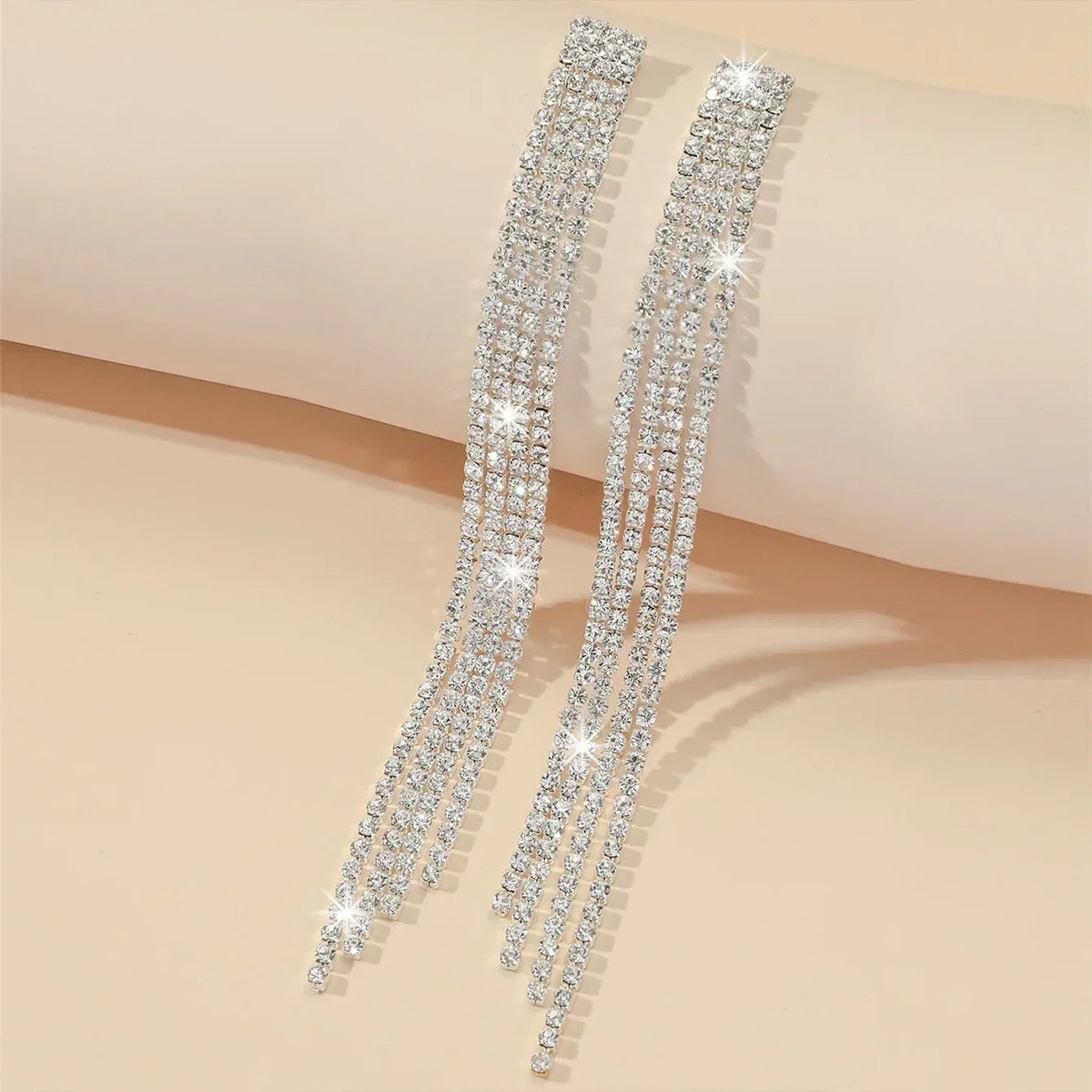 TREAZY Shiny 4 Lines  Rhinestone Crystal Tassel Long Earrings for Women Wedding Party Hanging Dangle Earrings Bridal Brincos