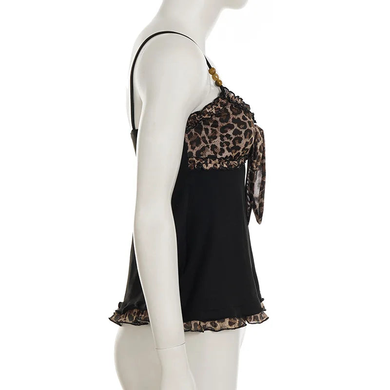American Hotsweet Y2k Leopard Camisole Women Retro Streetwear E-girl 90s Dark Gothic Sexy Patchwork Lace-up Crop Tank Top Femme