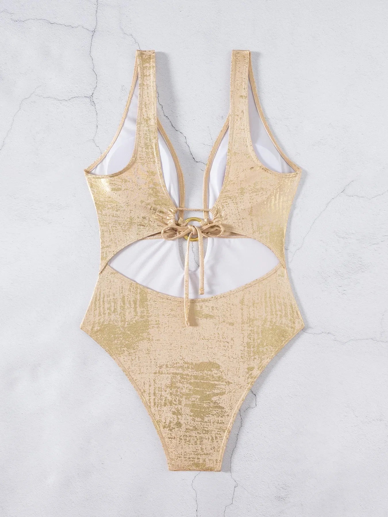 Shiny Gold One Piece Swimsuit 2026 Women Deep V Neck Hollow Out Backless Swimwear Summer Beach Bathing Suit Holiday Monokini