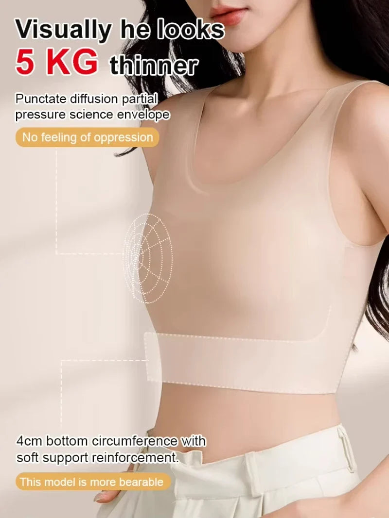 Women's Large Breasts Underwear Wide Shoulder Invisible Corset Antibump Thin Underwear Full Cup Vest Traceless Bra with Bra Pads