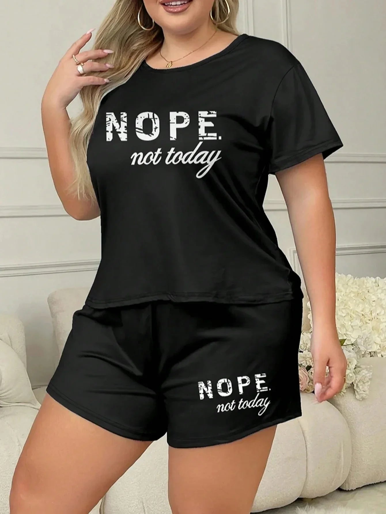 Letters Print Pajama Set Short Sleeve Tee And Elastic Shorts Plus Size Fit Women's Casual Attire Sports Wear Loungewear Homewear