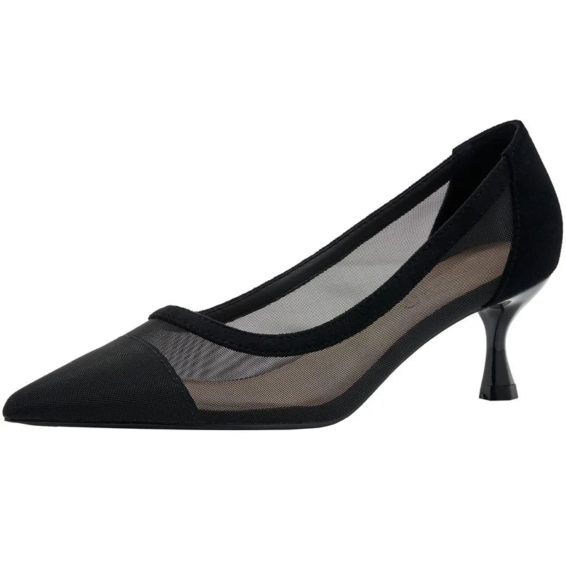 maogu Black Women Pointed Toe High Heel Work Shoes Dot Mesh Vintage Elegant Shallow Stiletto 2023 Spring Summer Thin Heels Pumps