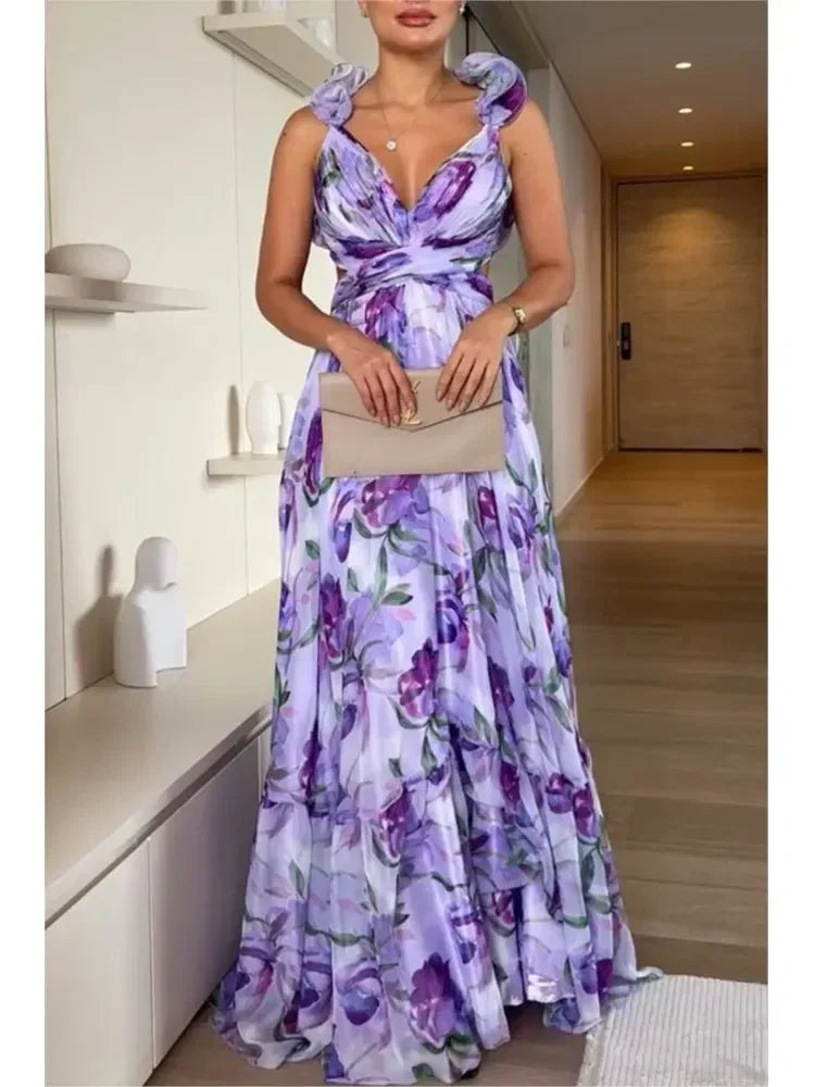 2025 Sexy Printed Chiffon Long Dress Summer Fashion Elegant V Neck Ruffles Edge Slim Vacation Sleeveless Backless Party Dresses