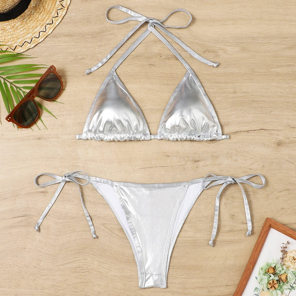 Shiny Swimwear Women Halter Bathers Bling Sequin Bikini Set Cut Out Push Up Padded Bathing Suit Thong Swimwear Glitter Biquini