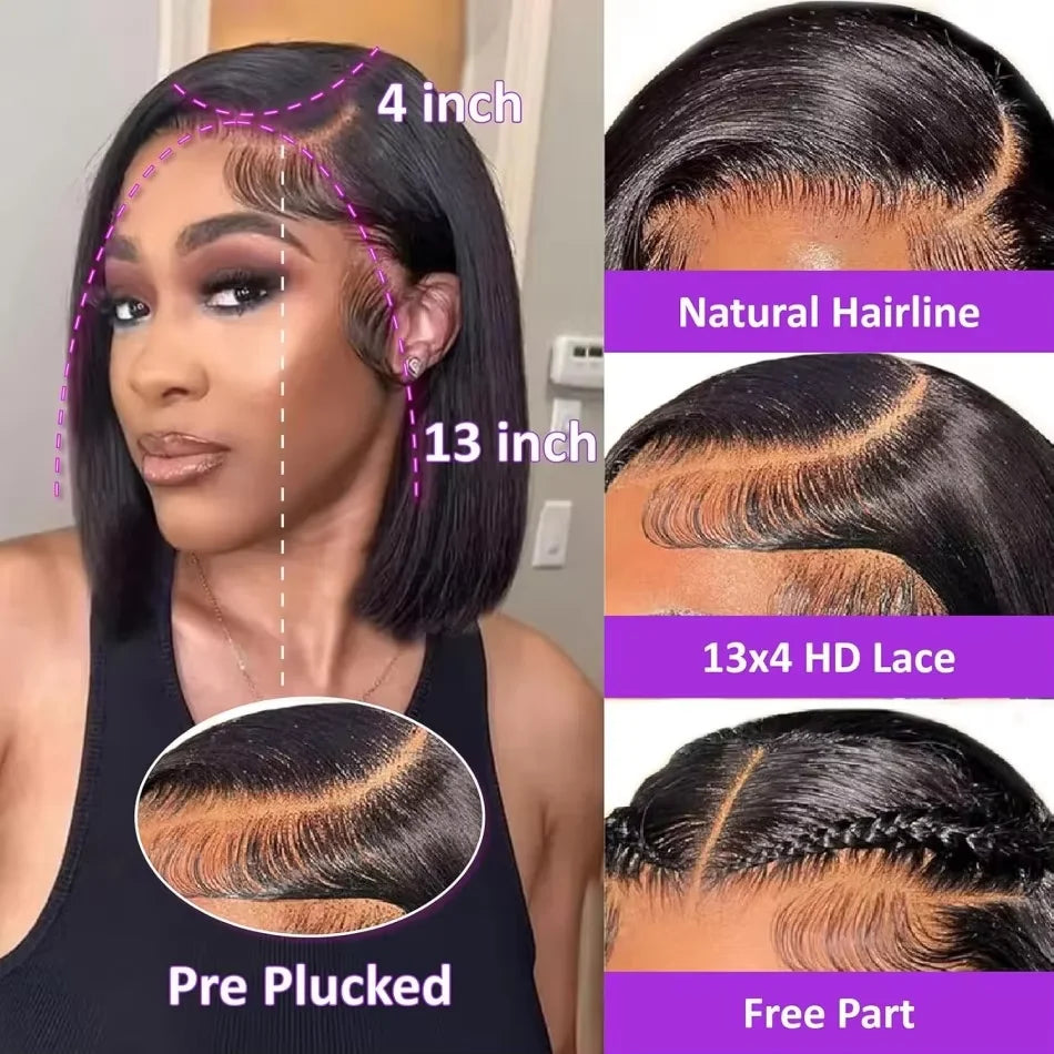 Straight 250% Density Short Bob 13x4 HD Lace Front Human Hair Wigs Women Prepluck Peruvian Lace Frontal Wig Glueless Closure Wig