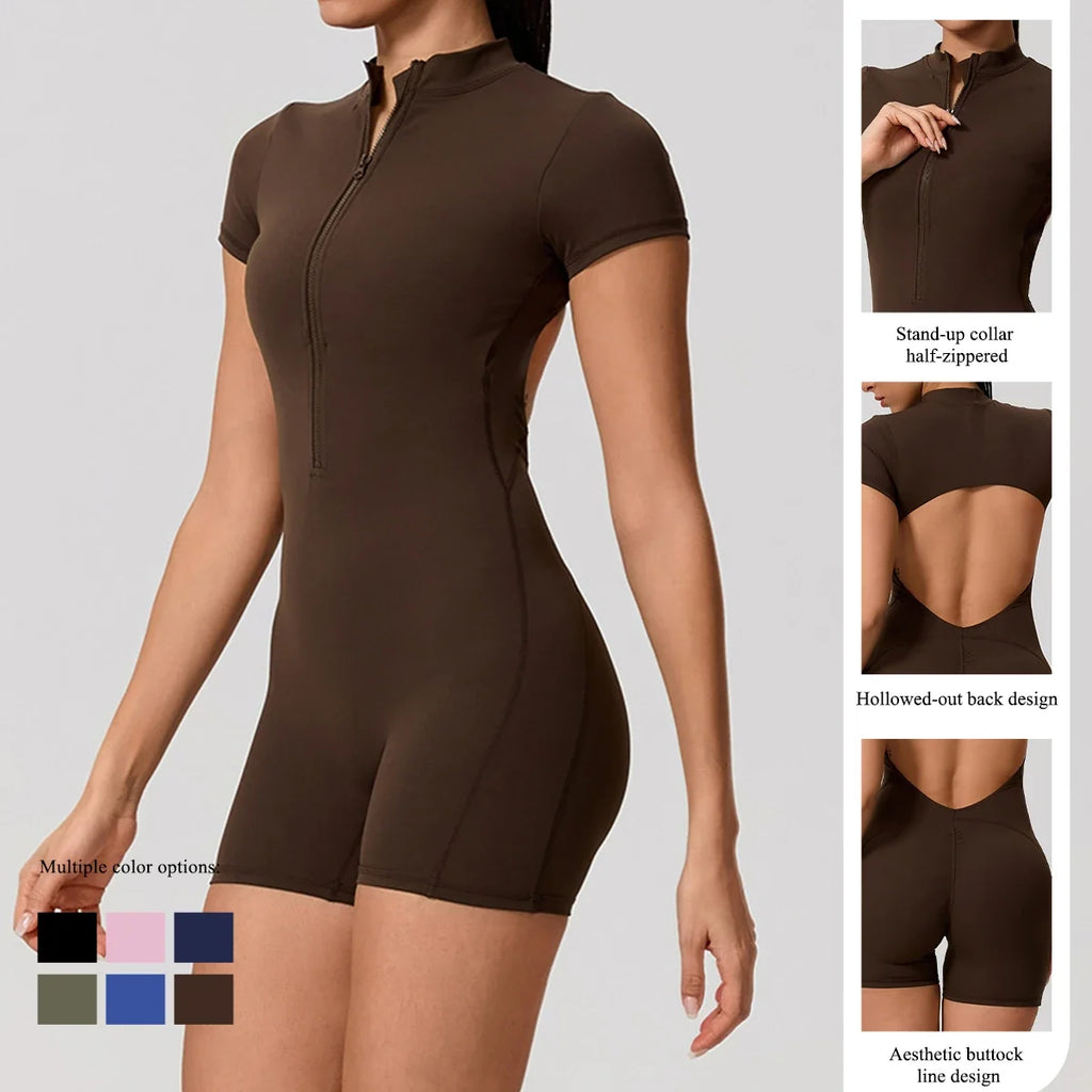 Hearuisavy Summer Women's Short Sleeved Sports Overalls Running Yoga Jumpsuit High Stretch Push Up Fitness Bodysuit With Zipper