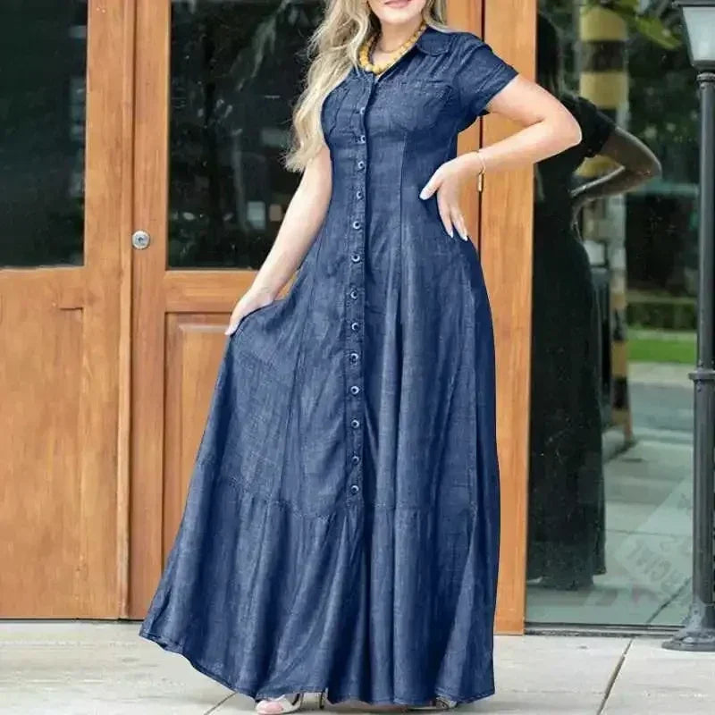 2024 Women New Lapel Pocket Splicing Casual Short Sleeved Solid Color Large Swing Denim Dress Loose Single Breasted Shirt Dress