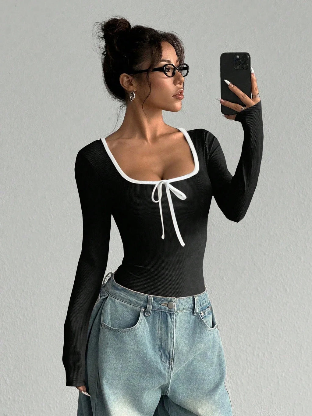 Women's Sexy U-Neck Bowknot Color Block Long Sleeve Bodysuit Casual Slim Fit Rib-knit Bodycon Spring/Fall Streetwear