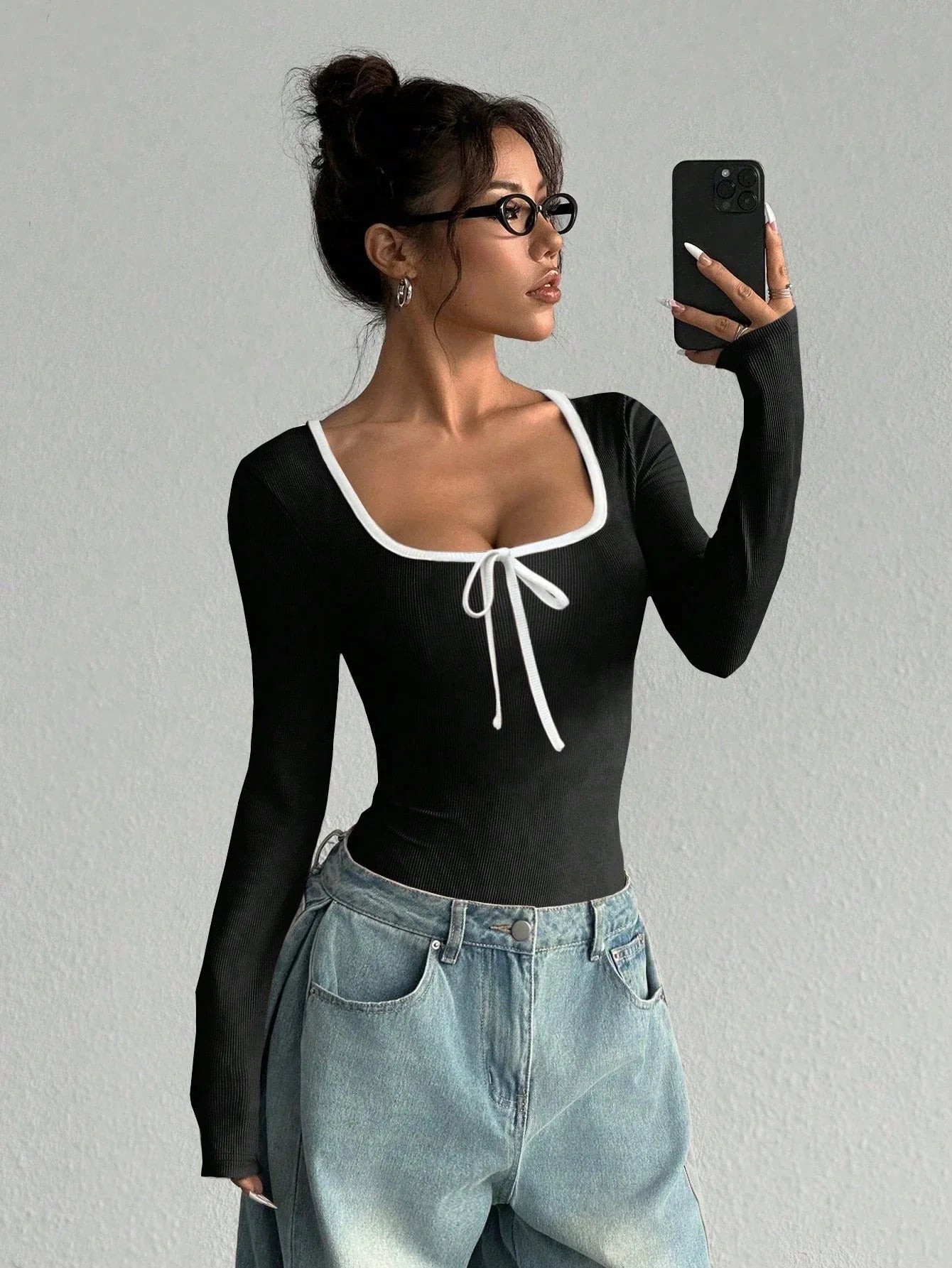 Women's Sexy U-Neck Bowknot Color Block Long Sleeve Bodysuit Casual Slim Fit Rib-knit Bodycon Spring/Fall Streetwear