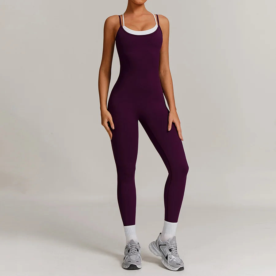 Yoga Jumpsuit Fake two color contrast halter sport jumps Women Push Up Gym Fitness Overalls Sport Outfit Sportswear Clothes 8843