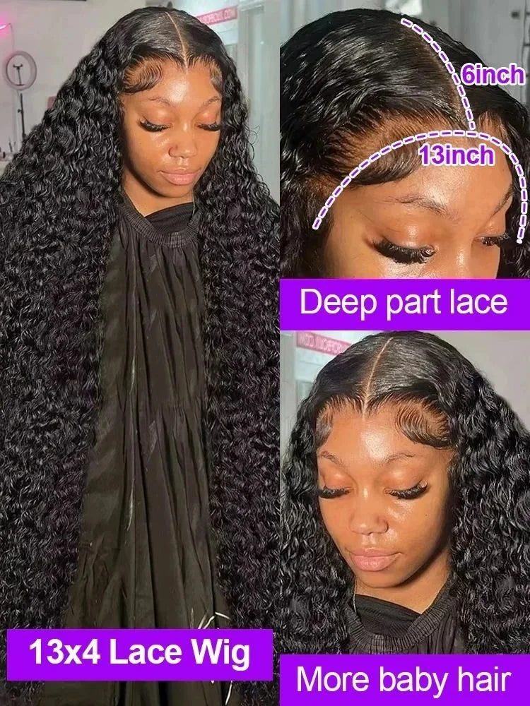 Deep Wave 44 Inch Curly 13x4 HD Transparent Lace Frontal Wigs Human Hair Front Wigs Pre Plucked With Natural Hairline For Women