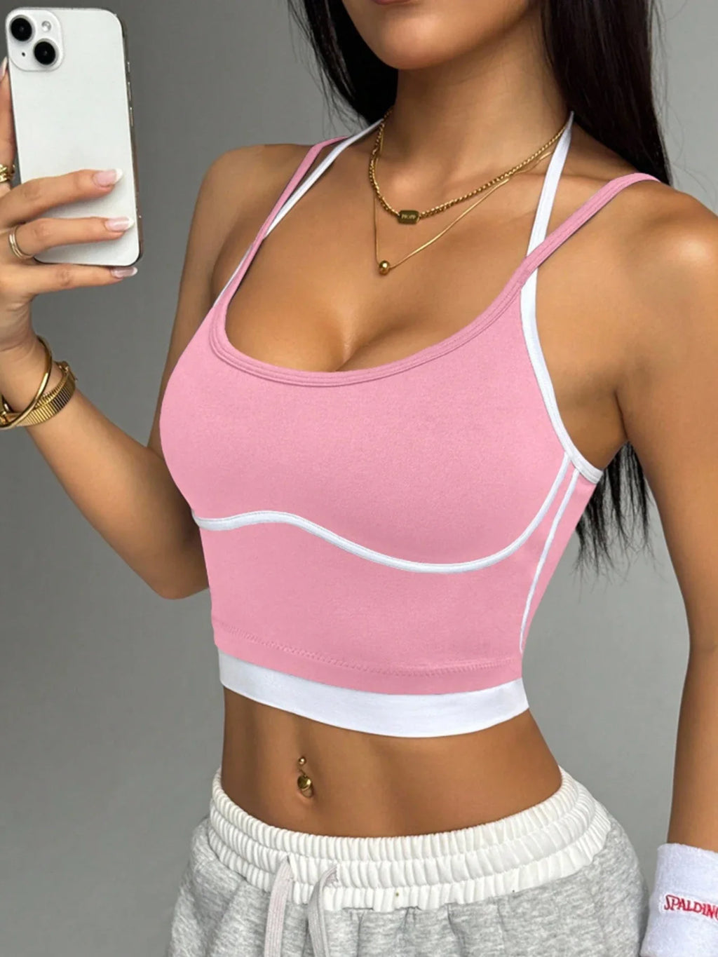 Women's Contrast Trim Halter Crop Cami Top - Sleeveless Ribbed Fitted Yoga Sports Bra Tank Top for Workout Gym Casual