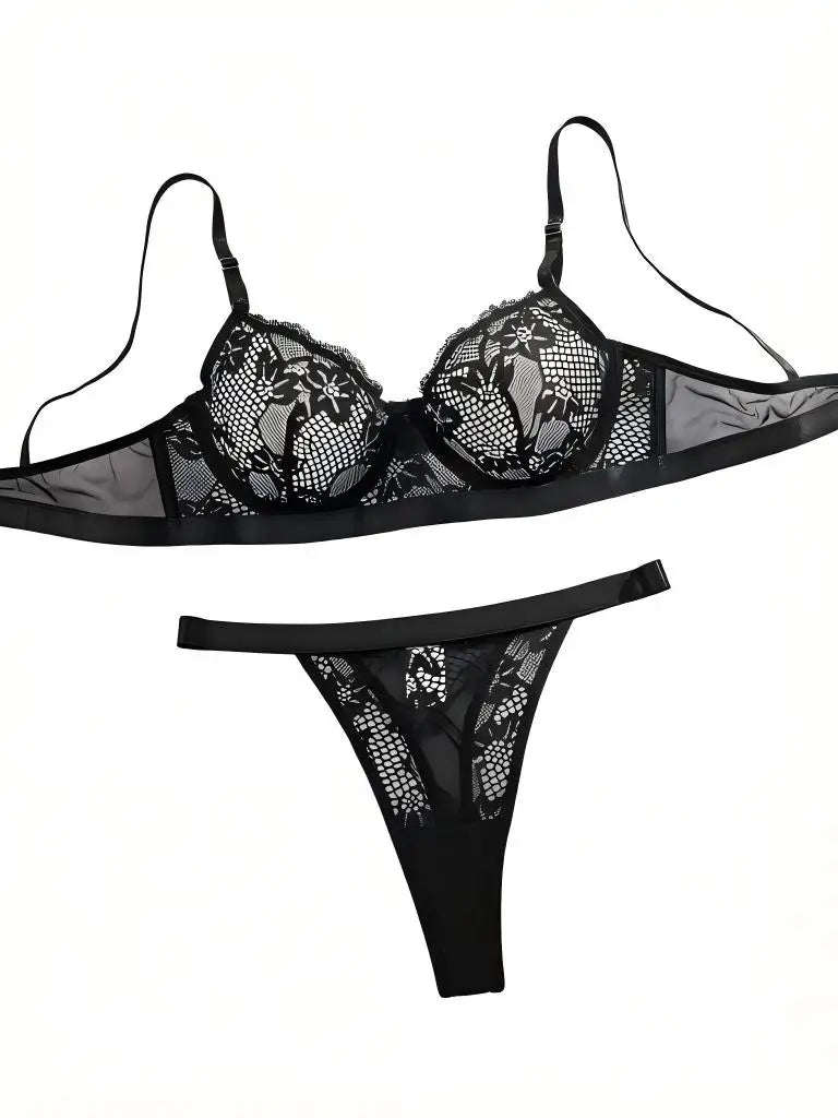 “Women's Black Lace Bra and Thong Set - Sexy Sheer Underwire Lingerie, Floral Embroidery, Seductive Nightwear”