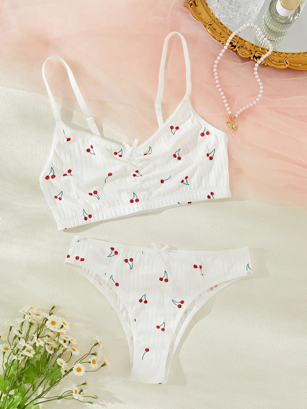 Young Girls Printed Homewear Night Cute Stretch Top And Panty Underwear White Sleepwear Set