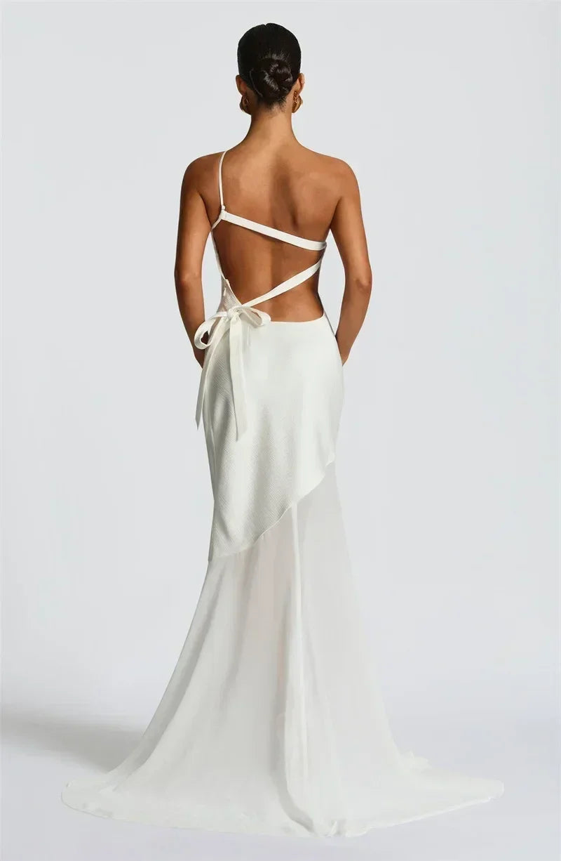 Mozision One Shoulder Backless Sexy Maxi Dress Women Gown Fashion Patchwork Sleeveless Bodycon Club Party Long Dress Elegant