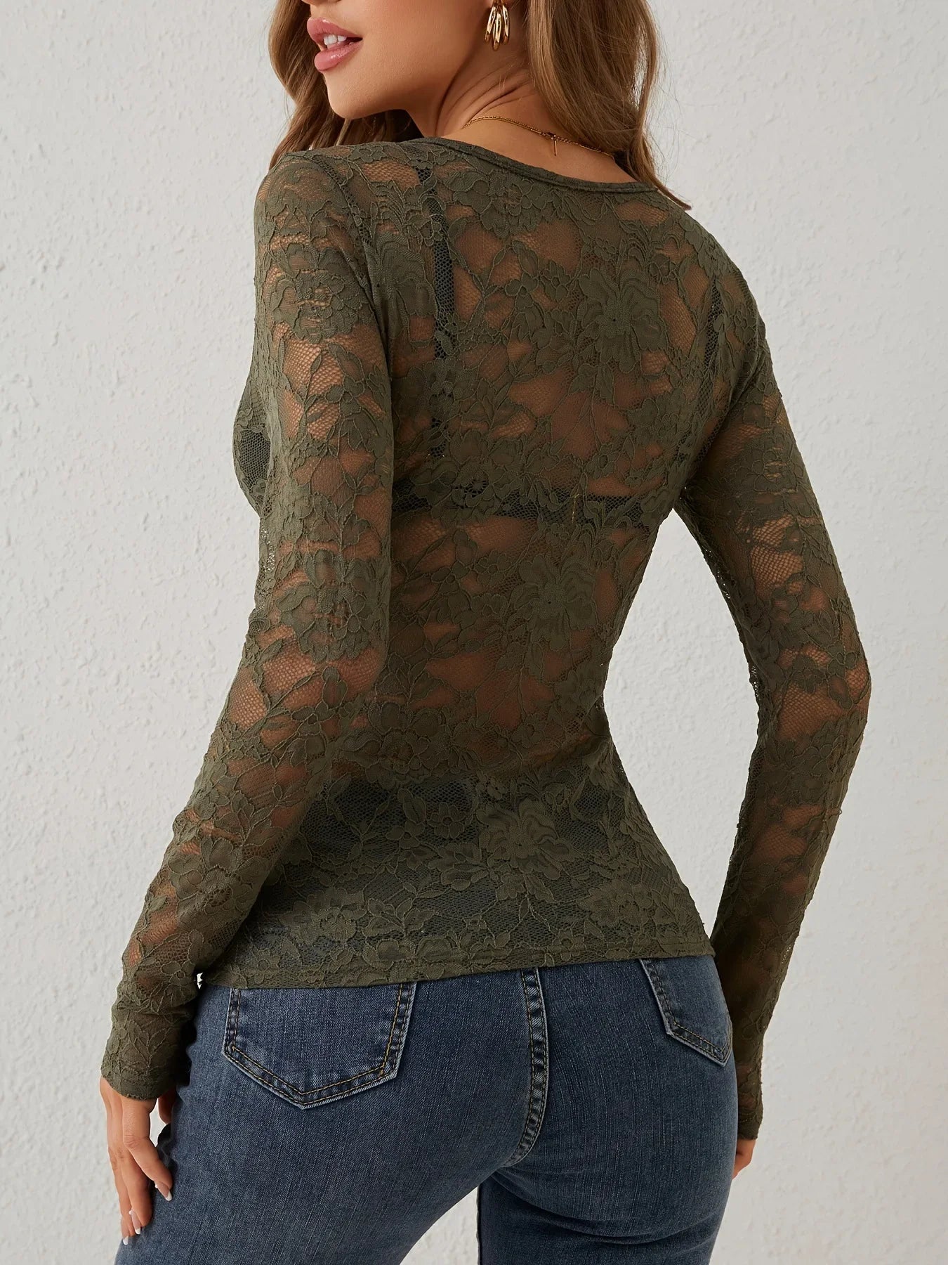 Women Sexy Base Layer Shirt Solid Black Sheer Lace Top Slim Flower Scallop Trim V Neck Long Sleeve T-shirt Trendy Tight Lace Top