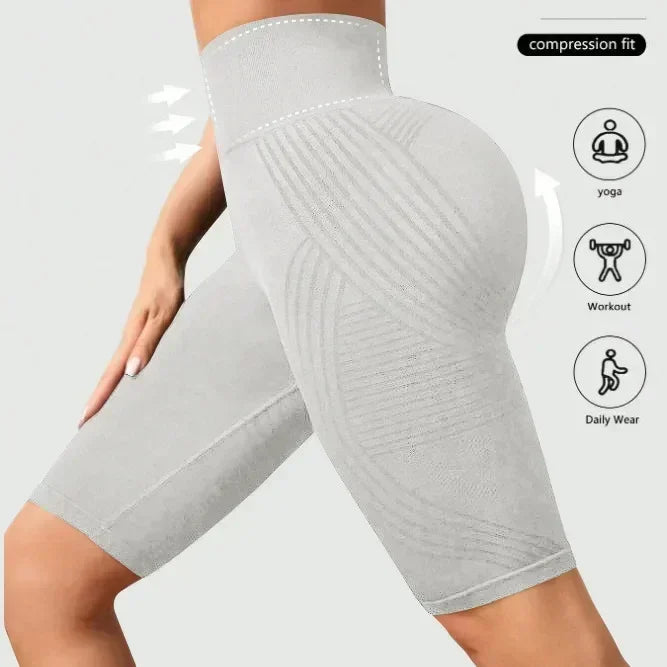 Women‘s Seamless Yoga Shorts High Waisted Striped Slim Shorts Sexy Butt Lifting Gym Trainning High Elastic Five Point Pants
