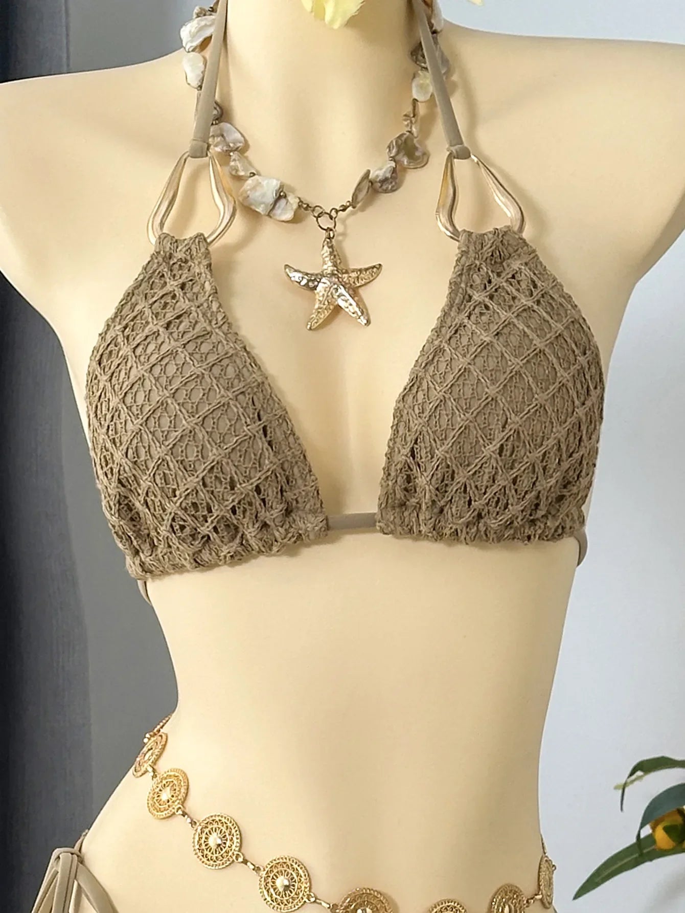 Vintage Beige Black Mesh Skirt 3 Piece Bikini Set 2026 Women Metal Chain Strap Push Up Bra Swimsuit Beach Bathing Suit Swimwear
