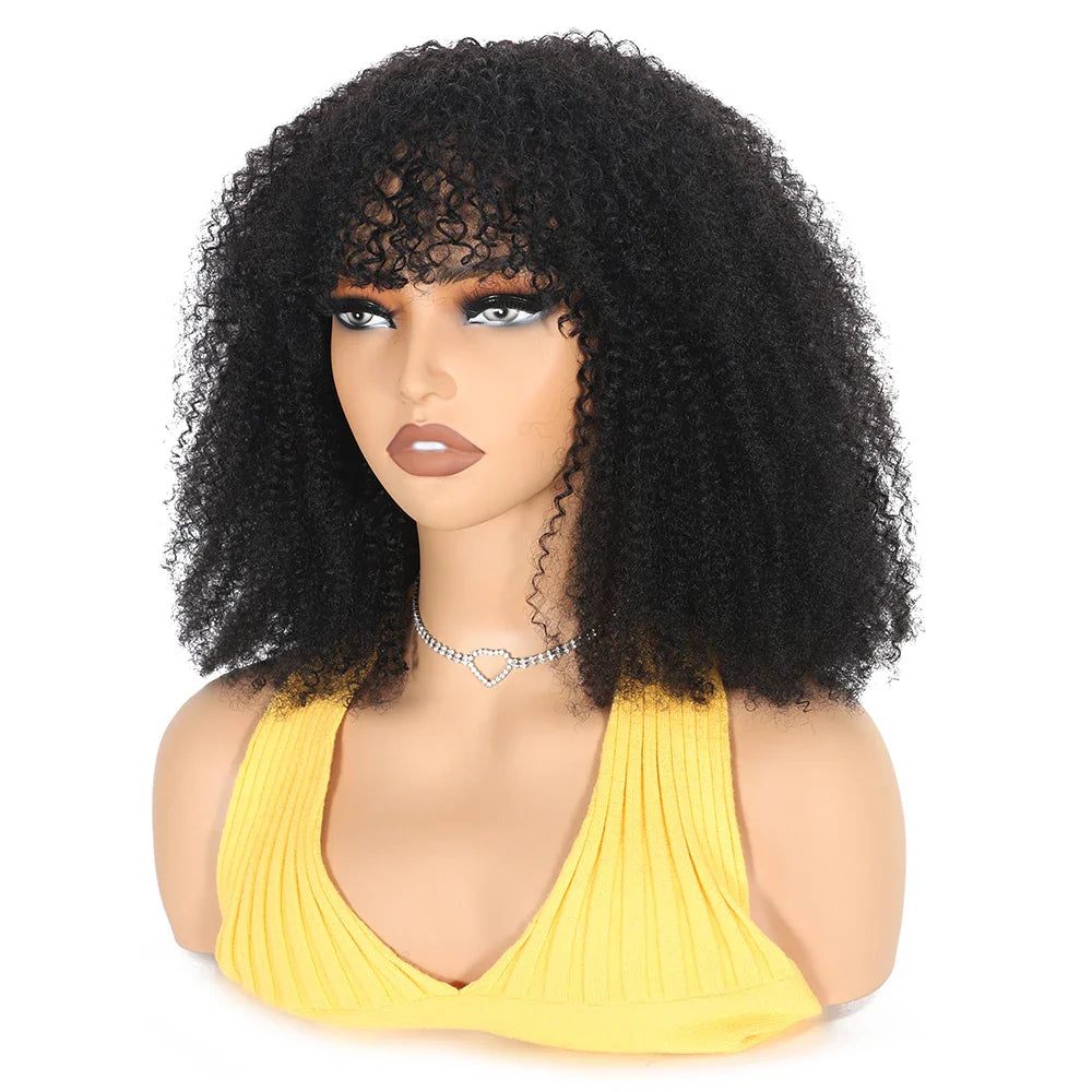 Afro Kinky Curly Human Hair Wig With Bangs For Black Women 180% Density Glueless Brazilian Remy Full Machine Made Hair Yarra