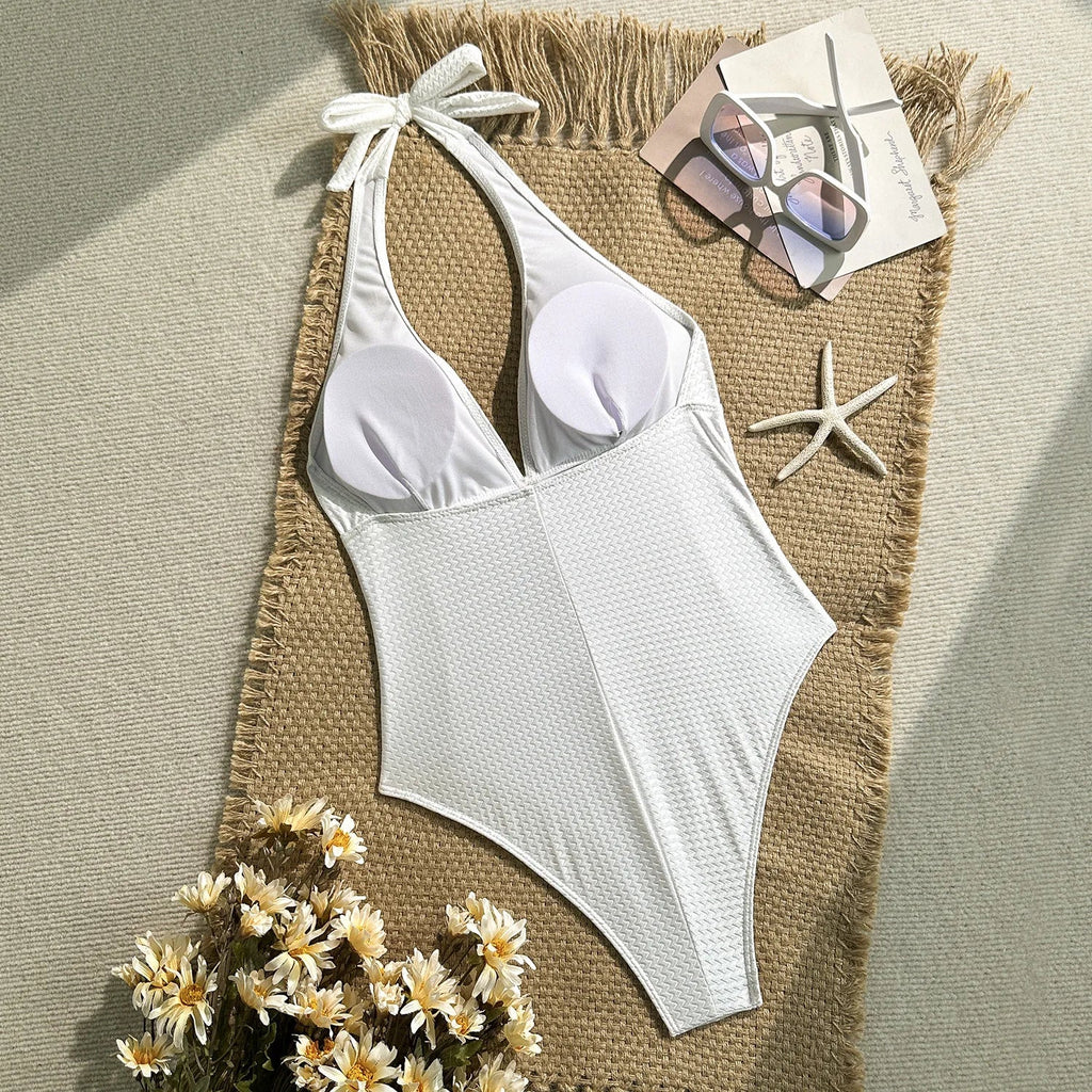 New Deep V Neck One Piece Swimsuit 2026 Women Orange White Pleate Tummy Control Swimwear Beach Holiday Bathing Suit Monokini