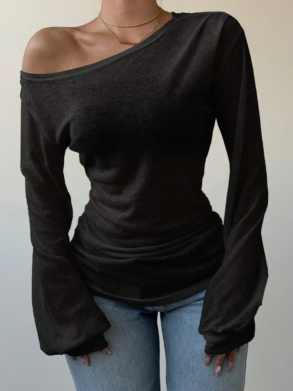 Women's Casual Solid Color Slope Collar Long Sleeved T-Shirt Loose Slouchy Style See-Through Off The Shoulder Top