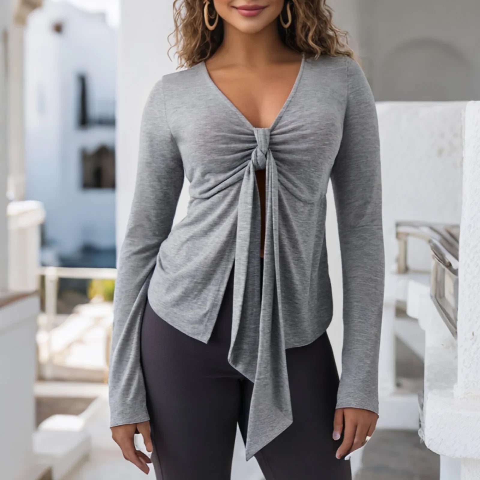 Women's Spring Summer Slimming Crop Tops Long Sleeve V Neck Tie Up Solid Color Trendy T-shirt