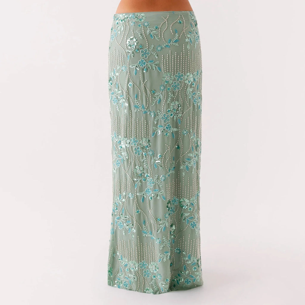 Elegant Beading Sequined Long Skirt for Women Summer Casual Floral Embroidery Maxi Straight Skirts for Beach Club Streetwear