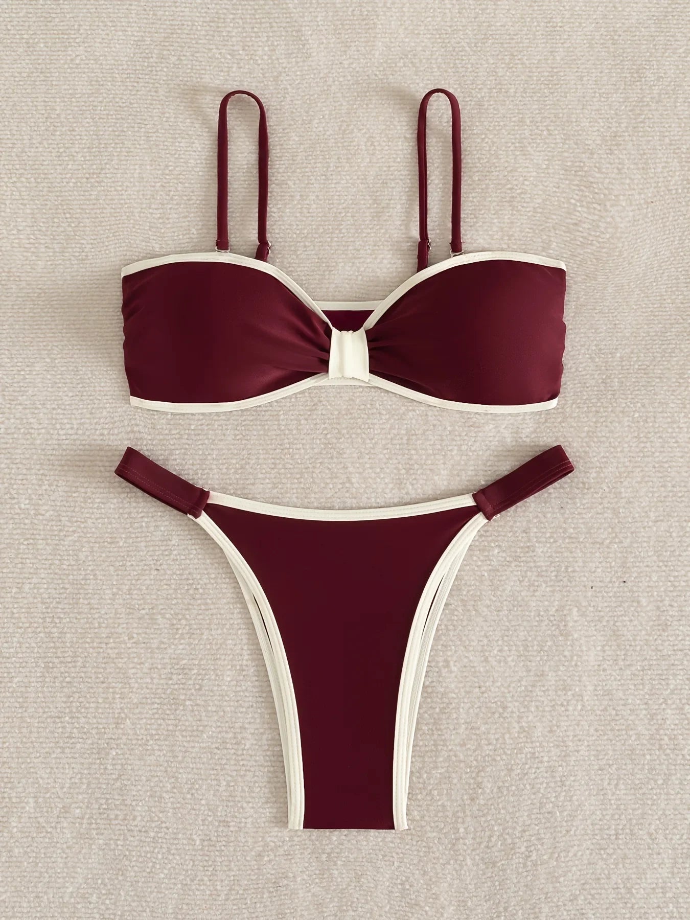 Sexy Wine Patchwork Bikini Set 2026 Women Front Tie Pleate Push Up Bra Thong Swimsuit Summer Bathing Suit Vacation Swimwear