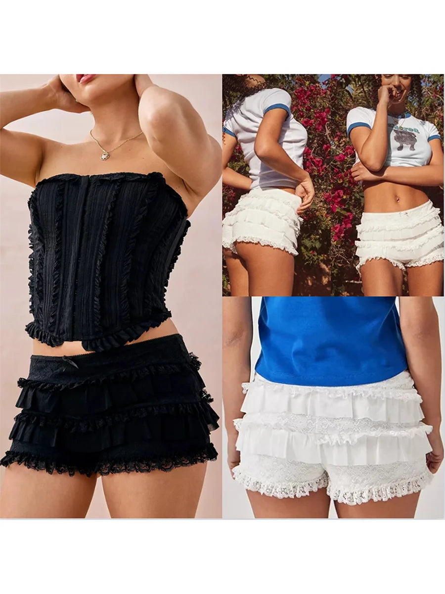 Women Solid Color Lace Bloomers Shorts Casual Summer Layered Ruffle Elastic Short Pants for Vacation Beach Nightclub Streetwear