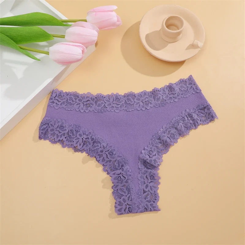 New Lace Seamless Cotton Panties Ribbed Maillard Brazilian Pants LowWaist Women Panties Breathable Girls Underwear Soft Lingerie