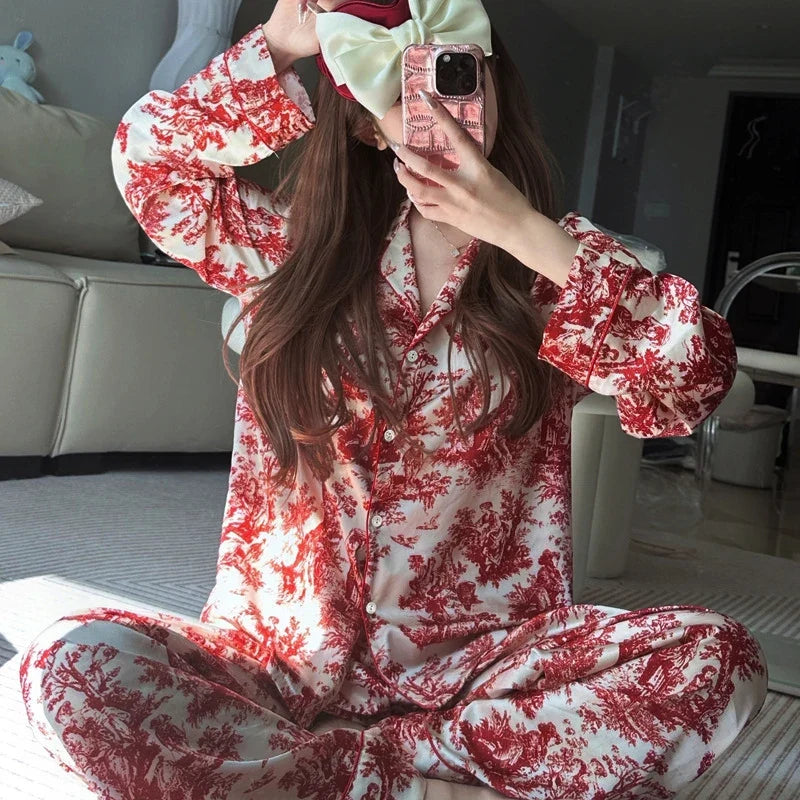 Ink Printed Ice and Snow Silk Pajama Set for Women Spring and Autumn Simple Small Lapel Long Sleeve Home Clothes Nightwear