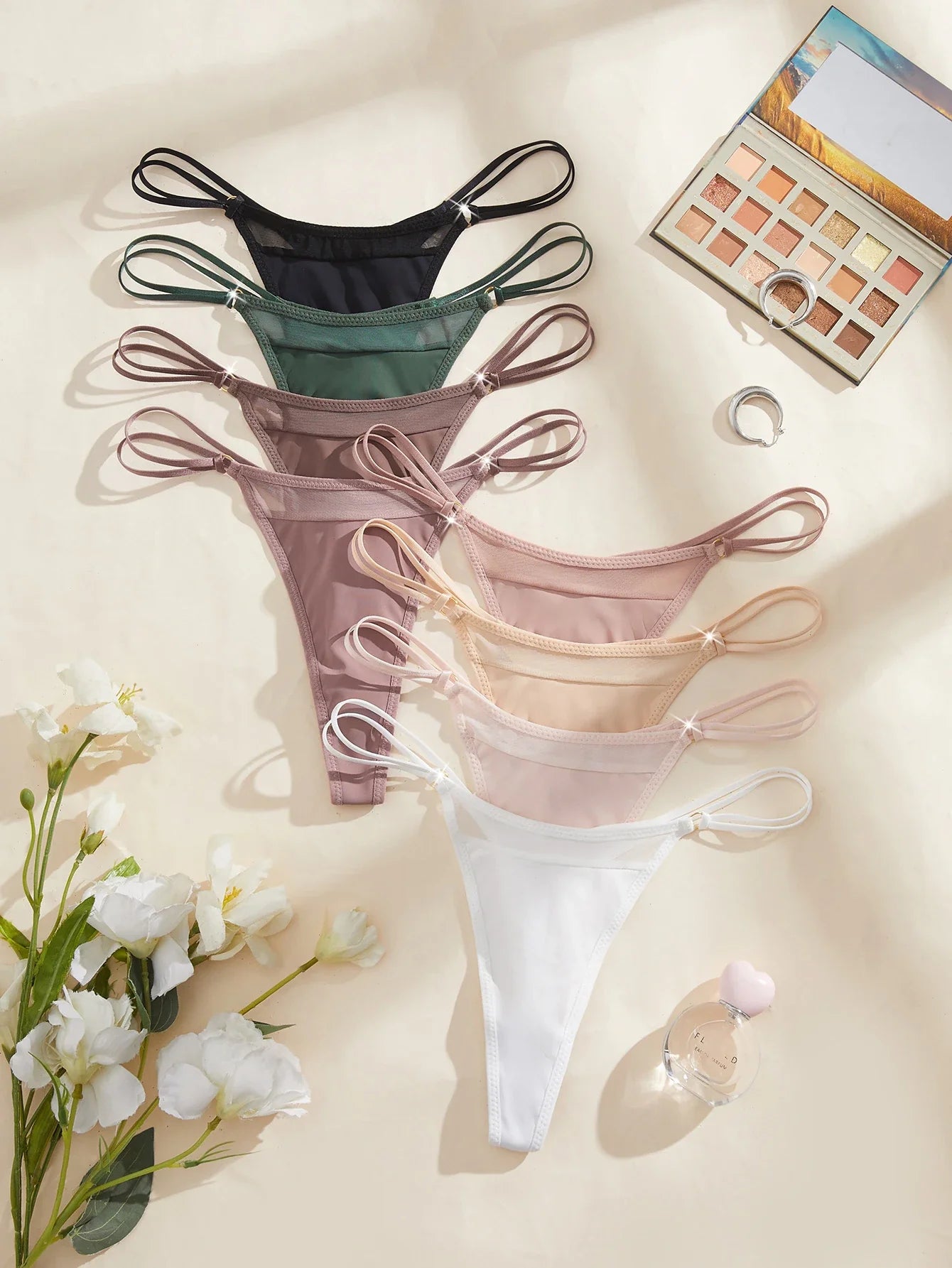 8PCS Women's Panties Solid Mesh Low Rise Underwear Thin Female Thong Sexy Lingerie