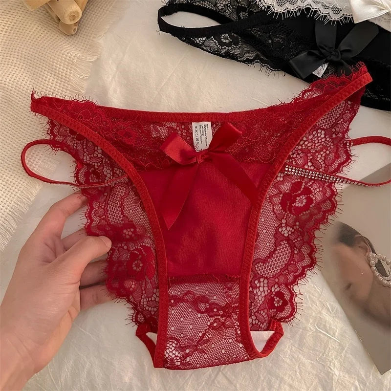 Girls Sexy G String Lace Panties Women Rhinestones Underwear Briefs Hollow Out Thong Transparent Lingerie Intimates