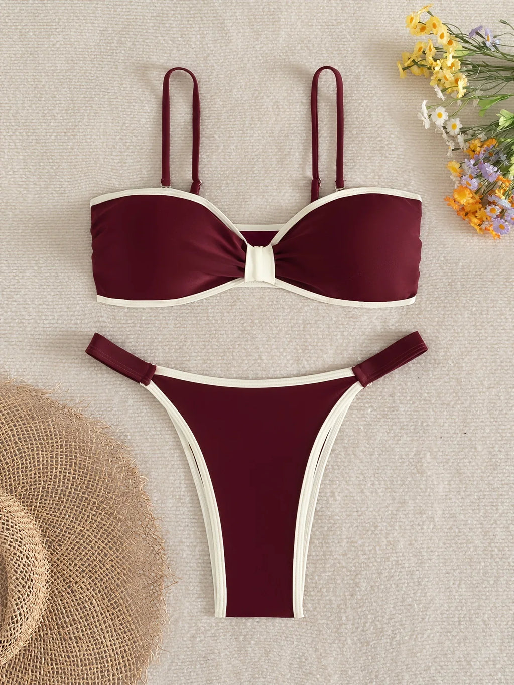 Sexy Wine Patchwork Bikini Set 2026 Women Front Tie Pleate Push Up Bra Thong Swimsuit Summer Bathing Suit Vacation Swimwear