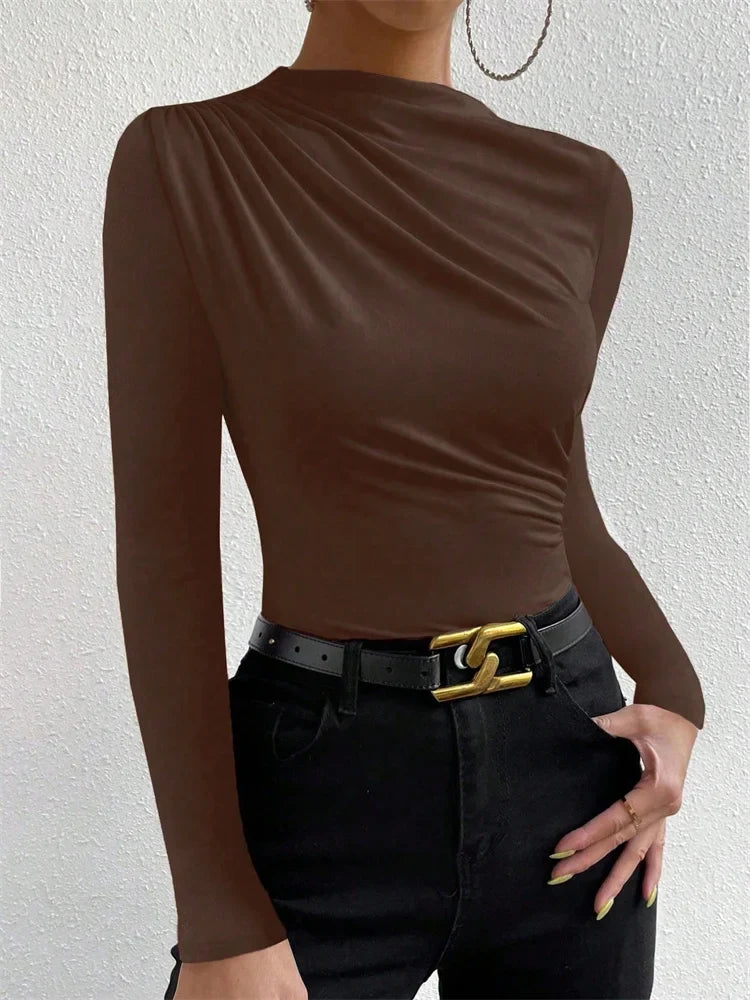 Casual Pleated Mock Neck Long Sleeve T-shirt for Women Autumn Winter Spring Solid Color Ruched Skinny Slim Fit Blouse Top Tshirt